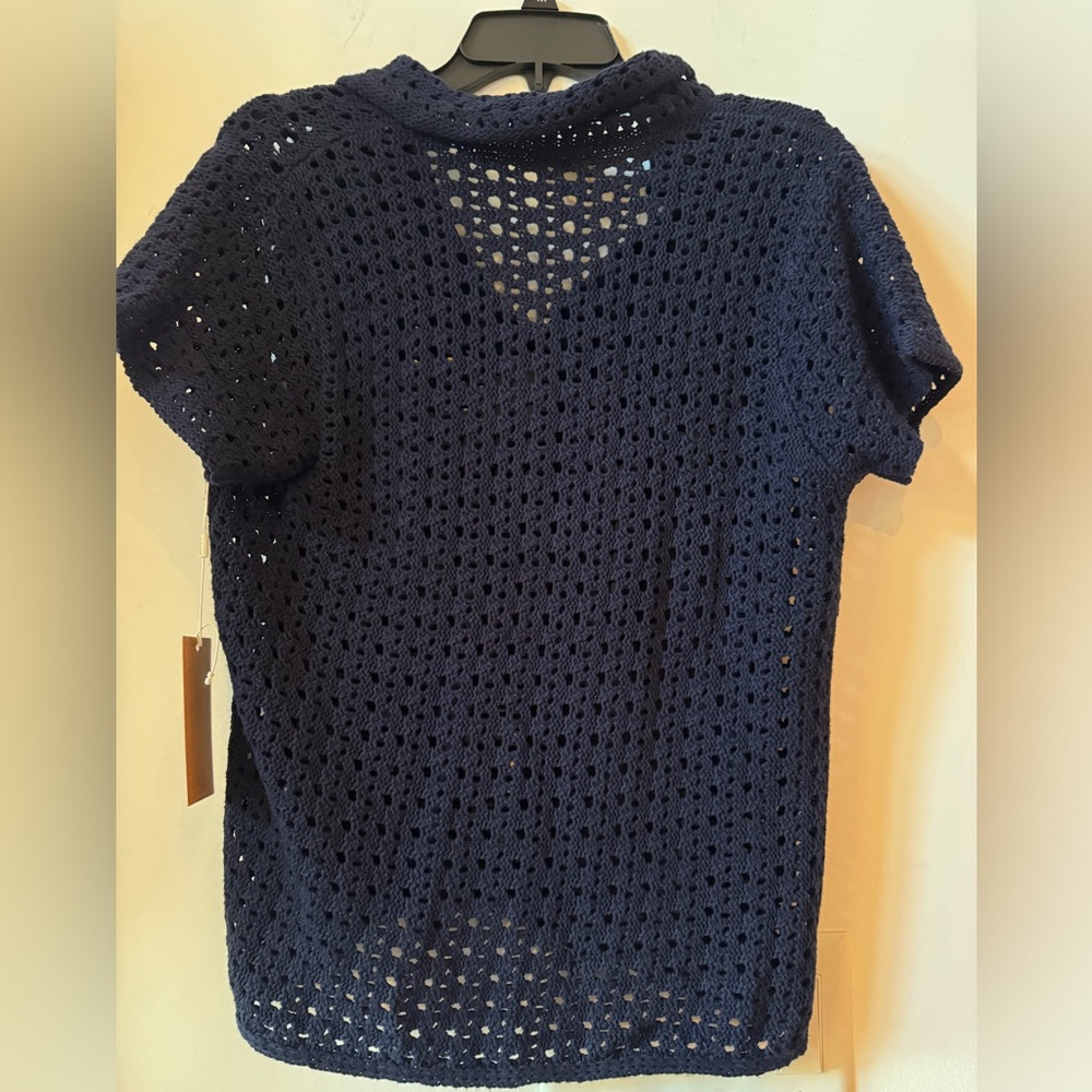 Cyrus Knit Navy Collar Short Sleeve See Thru Top. Size M NWT - Picture 7 of 8